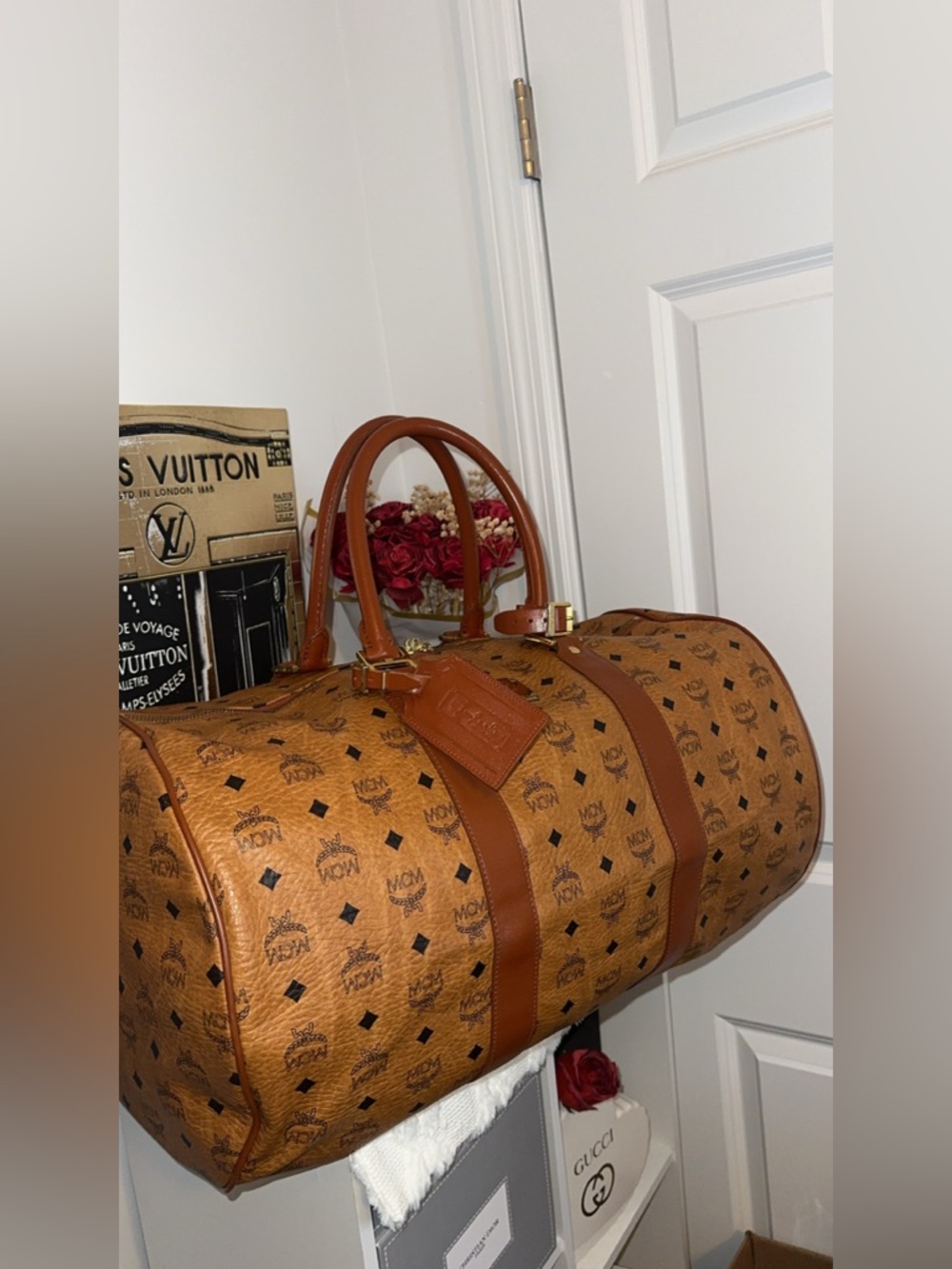 MCM Brown Visetos Monogram Barrel Duffel with strap and luggage tag